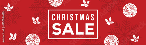 Festive red Christmas sale banner with bold white CHRISTMAS SALE text in a frame, decorative snowflakes, stars and ribbon bows, modern seasonal promotion background for winter holiday retail marketing