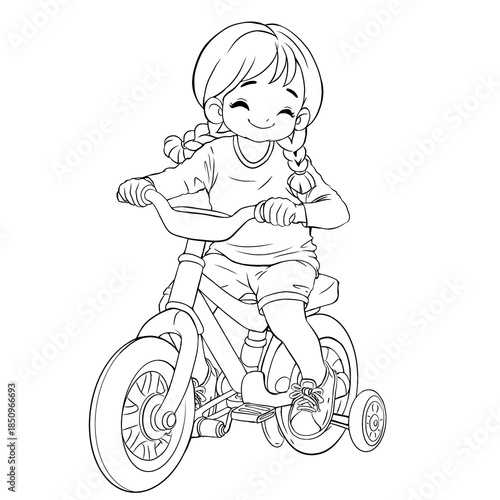 Illustration of Girl Riding Bicycle with Training Wheels