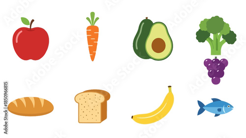 Diverse assortment of vector-style fruits, vegetables, grains and protein sources for balanced diet