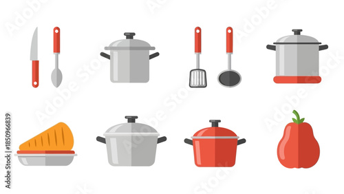 Illustration featuring an assortment of essential cookware and food preparation utensils in a