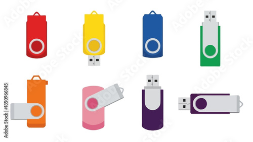 Collection of Colorful USB Flash Drives in Various Designs and Configurations on White Background