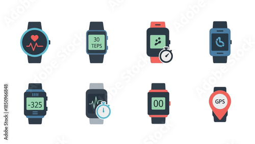 Set of Smartwatch Vector Icons Displaying Health and Fitness Features Minimalist Style