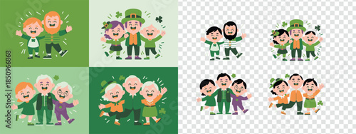 Cheerful individuals and families enjoying the Irish festival with festive hats and clover leaves