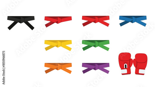 Martial arts progression represented by colorful belts and boxing gloves vector illustration