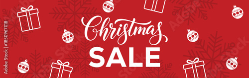 Festive red Christmas sale banner with bold white CHRISTMAS SALE text in a frame, decorative snowflakes, stars and ribbon bows, modern seasonal promotion background for winter holiday retail marketing