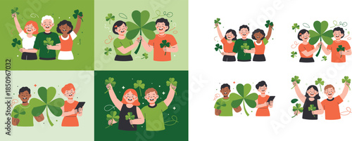 Diverse group of friends celebrating St Patricks Day together happily holding up lucky four leaf clovers
