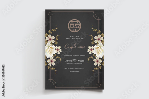 WEDDING INVITATION FRAME WITH FLOWER DECORATIONS AND FRESH LEAVES