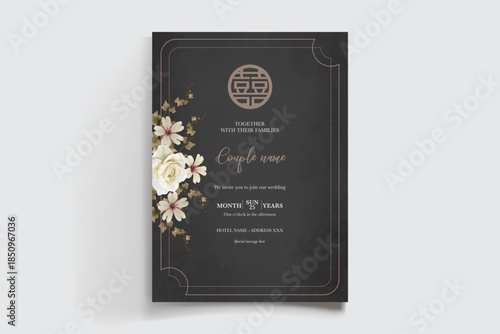 WEDDING INVITATION FRAME WITH FLOWER DECORATIONS AND FRESH LEAVES