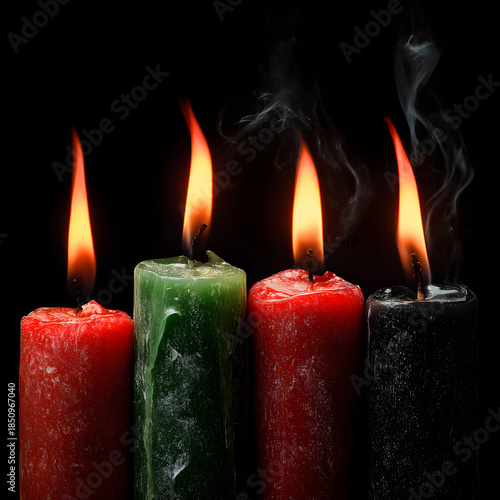 Three red burning candles glow with warm flames against a dark black background, creating a romantic holiday decoration with melting wax and flickering candlelight for a Christmas celebration