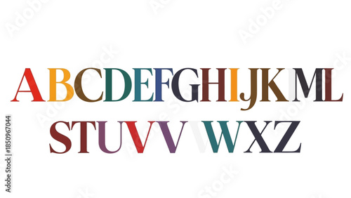 Colorful alphabet typography design featuring upper case letters against white background