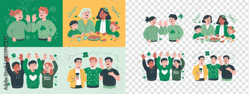 Diverse happy families and friends celebrating St Patricks Day with shamrocks and green attire in cheerful scenes