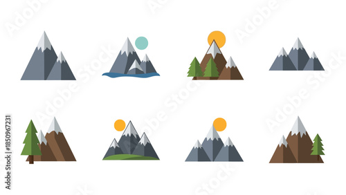 Collection of stylized mountain range illustrations showcasing diverse landscape elements