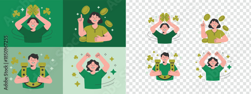 Diverse happy people embracing good fortune with lucky shamrocks, golden coins, and a horseshoe for Saint Patricks Day