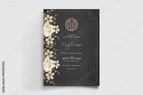 WEDDING INVITATION FRAME WITH FLOWER DECORATIONS AND FRESH LEAVES