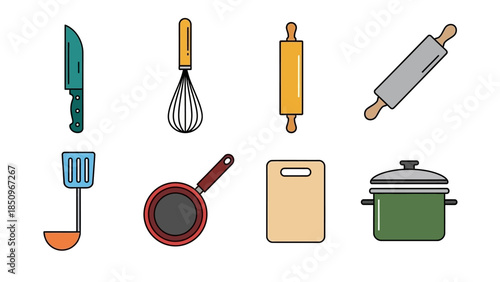 Colorful kitchen utensil vector illustration featuring knife whisk rolling pins pan pot