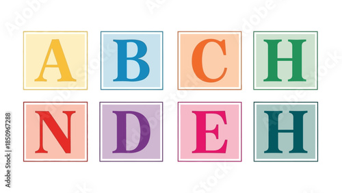 Educational illustration featuring pastel alphabet blocks spelling the word 'BACHEND' for learning