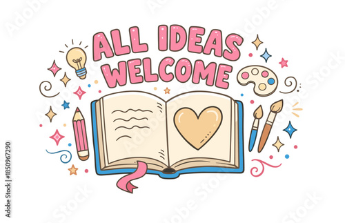 Creative inspiration: all ideas welcome with open book and art supplies