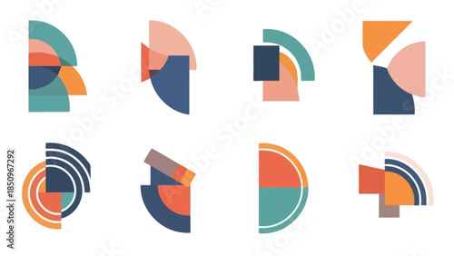 Collection of abstract geometric half-circle shapes on white background illustration