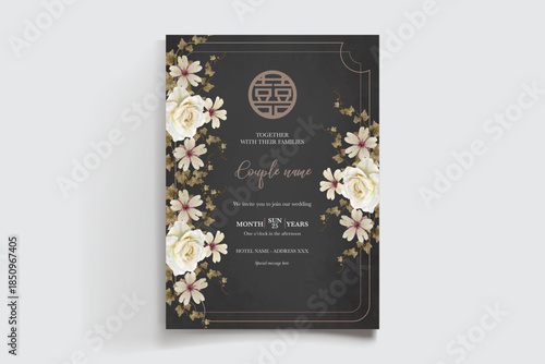 WEDDING INVITATION FRAME WITH FLOWER DECORATIONS AND FRESH LEAVES