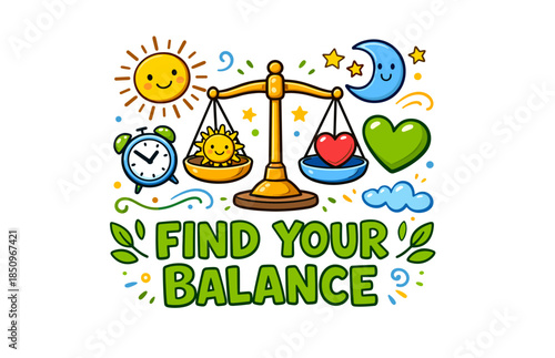 Find your balance: sun, moon, heart, clock, and nature