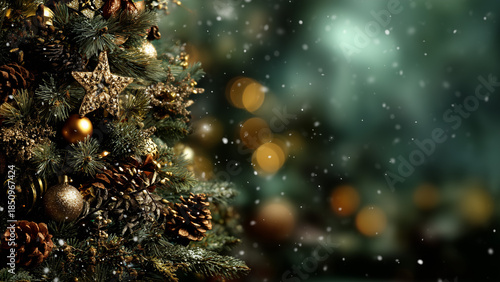 Close up Christmas tree branch with golden bokeh lights