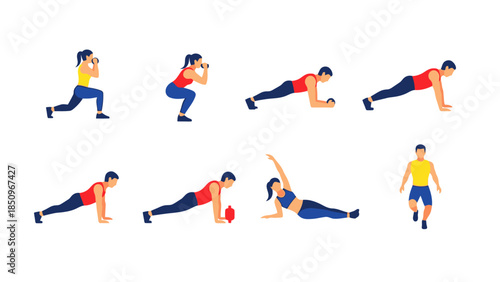 Diverse workout routines set featuring men and women performing various exercises bodyweight