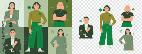 Diverse people posing confidently in stylish green clothing and shamrock themed outfits for Saint Patricks Day