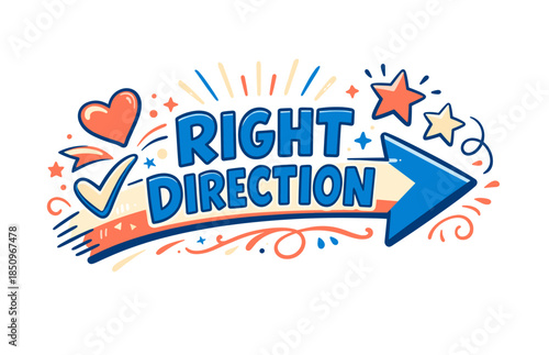 Colorful right direction text with arrow, stars, and hearts