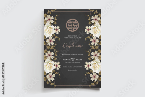 WEDDING INVITATION FRAME WITH FLOWER DECORATIONS AND FRESH LEAVES