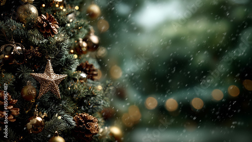 Festive Christmas tree ornaments with soft bokeh and snowfall