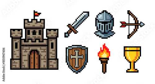 Pixel art medieval fantasy icon set for game design