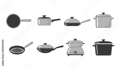 Collection of assorted kitchen cookware and utensils illustration in minimalist style