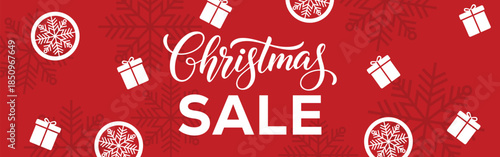 Festive red Christmas sale banner with bold white CHRISTMAS SALE text in a frame, decorative snowflakes, stars and ribbon bows, modern seasonal promotion background for winter holiday retail marketing