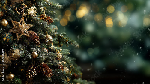 Holiday pine branch with decorations and glowing background lights