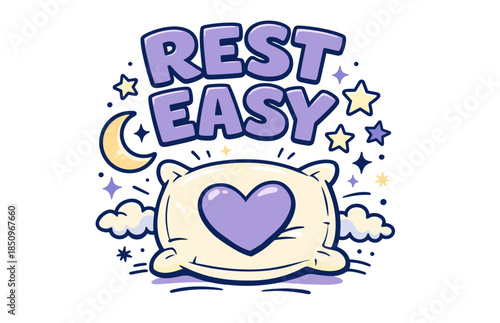 Rest easy pillow design with heart, stars, and moon in soothing colors