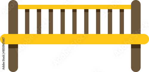 Simple yellow bench with wooden backrest and vertical slats isolated on white background, providing seating in public spaces