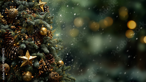 Evergreen Holiday tree detail with warm lights and copy space