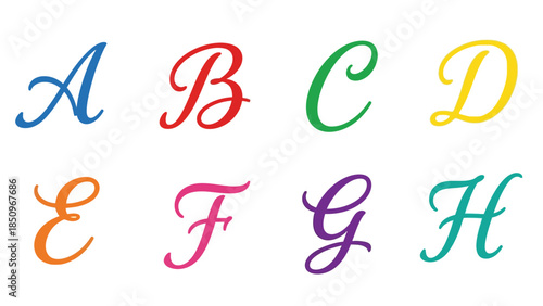 Colorful cursive alphabet letters from A to H for educational designs and playful typography