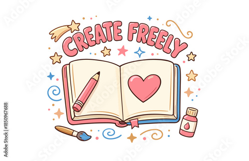Create freely: open art book with pencil, paintbrush, and heart motif in whimsical design