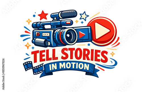 Colorful camera and play button design with 'tell stories in motion' text