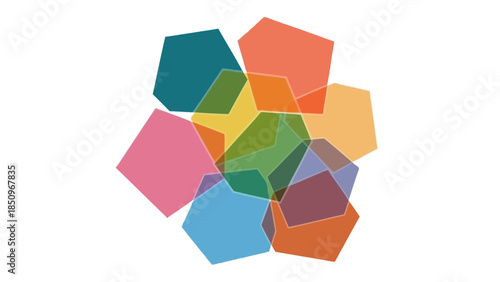 Colorful transparent hexagons create an interesting overlapping pattern on white background
