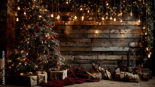 Cozy rustic Christmas room with tree, gifts and warm string lights