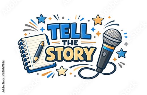 Colorful storytelling design with microphone and notebook illustrations