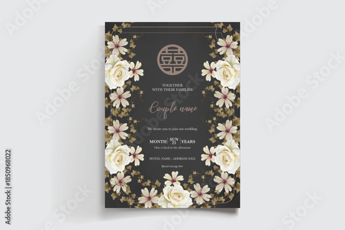 WEDDING INVITATION FRAME WITH FLOWER DECORATIONS AND FRESH LEAVES