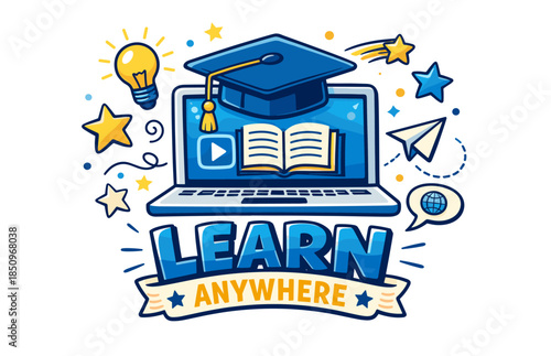 Online education concept with laptop, graduation cap, and learning icons