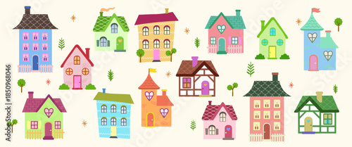 Colorful Cute Houses Vector Set – Hand-drawn Cartoon Homes, Cozy Architecture Illustration for Kids and Posters