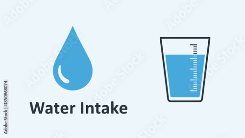 Illustrative graphic of daily water intake with a droplet and a measuring glass