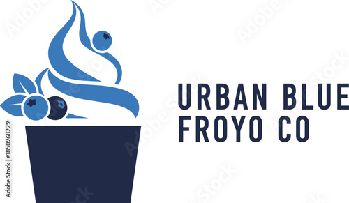 Urban Blue Froyo Co Logo with Blueberry Frozen Yogurt Swirl Vector Illustration