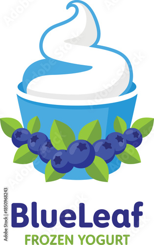 BlueLeaf Frozen Yogurt Logo with Blueberry Swirl Cup Vector Illustration