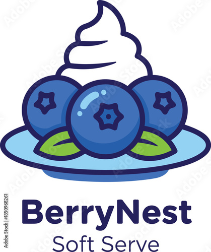 BerryNest Soft Serve Logo with Blueberry Ice Cream Plate Vector Illustration